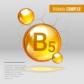 Vitamin B5 gold shining pill capcule icon . Vitamin complex with Chemical formula, group B, Pantothenic acid. Shining