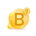 Vitamin B9 golden icon. Drop vitamin pill capsule.