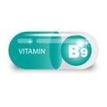 Vitamin B9 in green capsule. Health pill. Vector illustration. EPS 10.