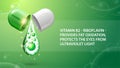 Vitamin B2, green information poster with abstract pill capsule with drop of vitamin B2