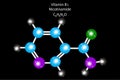 Vitamin B3 molecule structure. Nicotinamide atom. Chemical compound. Black background. Vector illustration. Stock image.