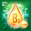 Vitamin B3 Niacin Vector. Gold Oil Drop Icon. Organic Gold Droplet Icon. Medicine Liquid, Golden Substance. Beauty