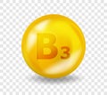 Vitamin B3 Niacin. Vitamin complex illustration concept. B3 Niacin pill capsule. 3D Yellow drug nutrition design