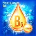 Vitamin B5 Pantothenic Acid Vector. Gold Oil Drop Icon. Organic Gold Droplet Icon. Liquid, Golden Substance. Beauty