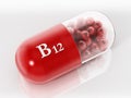 Vitamin B12 pill with small spheres on white background. 3D illustration