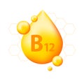 Vitamin B12 with realistic drop. Particles of vitamins in the middle.
