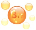 Vitamin B12 shining pill capcule icon . Vitamin complex with Chemical formula, group B, Cyanocobalamin, hydroxocobalamin. Vector i