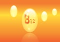 Vitamin B12 shining pill capcule icon . Vitamin complex with Chemical formula, group B, Cyanocobalamin, hydroxocobalamin. Vector i