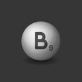 Vitamin B9 Silver Glossy Sphere Icon on Dark Background. Vector