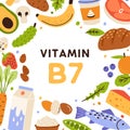 Vitamin B7, square card with natural nutrients frame. Healthy food sources of B 7. Organic nutrition enriched with Royalty Free Stock Photo