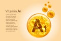 Vitamin A1. Baner with vector images of golden balls with oxygen bubbles. Health concept