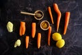 Vitamin boost, carrots, ginger, lemon, golden milk. Mixture of healthy fruits and vegetables