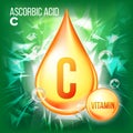 Vitamin C Ascorbic Acid Vector. Organic Vitamin Gold Drop Icon. Medicine Liquid, Golden Substance. For Beauty, Cosmetic