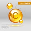 Vitamin C gold shining pill capsule icon . Vitamin complex with Chemical formula, Ascorbic acid. Shining golden