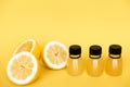 Vitamin c health remedy relief drink for cold and flu, with lemon and orange fruit, ginger and cinnamon spice and honey on yellow Royalty Free Stock Photo
