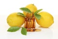 Vitamin C injection.A solution of vitamin C in brown glass ampoules set, lemons on a white background with reflection