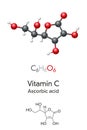 Vitamin C, Ascorbic acid molecule model and chemical formula