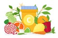 Vitamin c, natural product for good health, vector illustration. Medical treatment by natural food nutrition, healthy