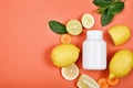 Vitamin C nutrition pills, Natural medicine supplement from organic fresh fruit and vegetable Royalty Free Stock Photo