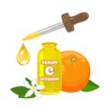 Cosmetic serum with vitamin C in bottle, pipette with drop and orange fruit.