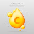 Vitamin C shining pill capcule icon. Shining golden substance drop. Meds ads. Beauty treatment nutrition skin care