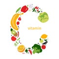 Vitamin C sign with fruits and vegetables, letter C composition. Collection of vitamin C sources. Healthy food concept