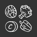 Vitamin chalk icon. Lemon, broccoli and bell pepper. Healthy eating. Ascorbic acid natural food source. Vegetables