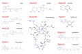 Vitamin Complex with Food B1, B6, B9, B12, K, A, E, C Label and Icon. Chemical Formula and Structure Logo