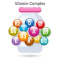 Vitamin complex for healthy nutrition. Illustration of vitamin icons in a medicinal vial. The concept of medicine Royalty Free Stock Photo