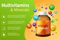 Vitamin complex. Realistic plastic bottle with multivitamins, minerals and flying bubbles, vitamins balls advertising