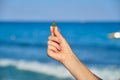 Vitamin D, capsule with fish oil in hand close-up, blue sky sea background Royalty Free Stock Photo