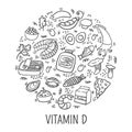 Vitamin D doodle outline illustration in circle. Hand drawn illustration of different food rich of vitamin D. - Vector