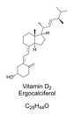 Vitamin D2, ergocalciferol, chemical structure and skeletal formula