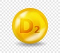 Vitamin D2 Ergocalciferol. Vitamin complex illustration concept. D2 Ergocalciferol pill capsule. 3D Yellow drug Royalty Free Stock Photo