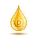 Vitamin D gold icon. Shiny golden essence drop with symbol of sun inside.