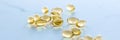 Vitamin D and golden Omega 3 pills for healthy diet nutrition, fish oil food supplement pill capsules, healthcare and medicine as