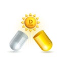 Vitamin D Icon on bright yellow Sun flying from white and yellow medicine Capsule.