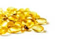 Vitamin D3, omega 3 fish oil supplement softgel capsules isolated on white background