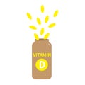 Vitamin D pill capsule in plastic bottle. Yellow color. Healthy lifestyle diet concept. Fish oil supplements icon. Flat design.