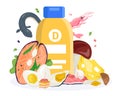 Vitamin d in products concept, vector illustration. Nutrition with organic healthy food, fresh element for diet. Fish