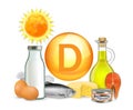 Vitamin D sunlight and food sources, vector illustration