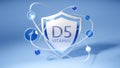 vitamin d5 symbol on a shield with orbits, moving atoms and electrons, 3d image