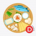 Vitamin D vector illustration in flat design. Foods containing useful nutritional components.