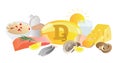 Vitamin D3 vector illustration. Its source collection set. Fish, eggs, milk, sun, caviar and capsule isolated on white background.