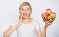 Vitamin and dieting food. farming concept. healthy teeth. Happy woman eating apple. autumn harvest. Spring seasonal Royalty Free Stock Photo