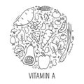 Vitamin A doodle outline illustration in circle. Hand drawn illustration of different food rich of vitamin A. - Vector