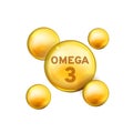 Vitamin drop. Omega 3 fish oil capsule, gold essence organic nutrition element. 3d yellow bubbles with text. Pharmacy