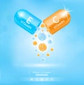 Vitamin E blue and Vitamin C orange with capsule solution serum. Natural cosmetics lotion for face or body.