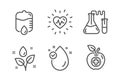 Vitamin e, Chemistry lab and Plants watering icons set. Heartbeat, Drop counter and Medical food signs. Vector