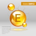Vitamin E gold shining pill capcule icon . Vitamin complex with Chemical formula, Tocopherols, tocotrienols. Shining